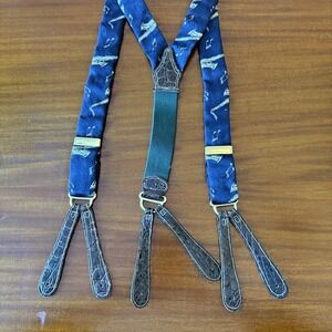 Vintage 90s Navy Saxophone Suspenders Y Back Faux Leather Button Ends Men's 48"